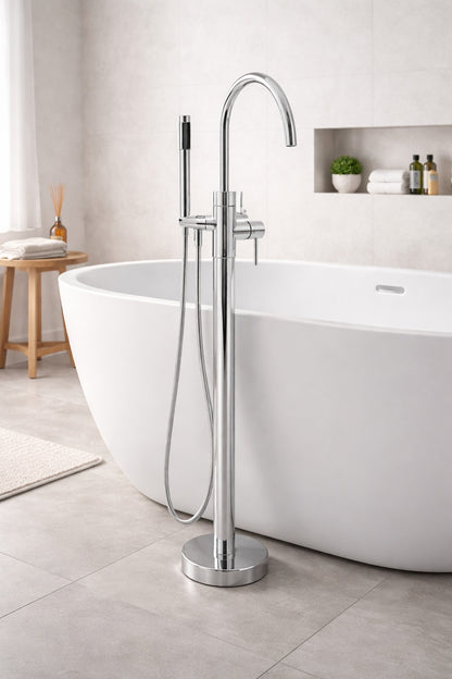 AKDY 1 Handle Freestanding Floor Mount Roman Tub Faucet Bathtub Filler with Hand Shower in Chrome