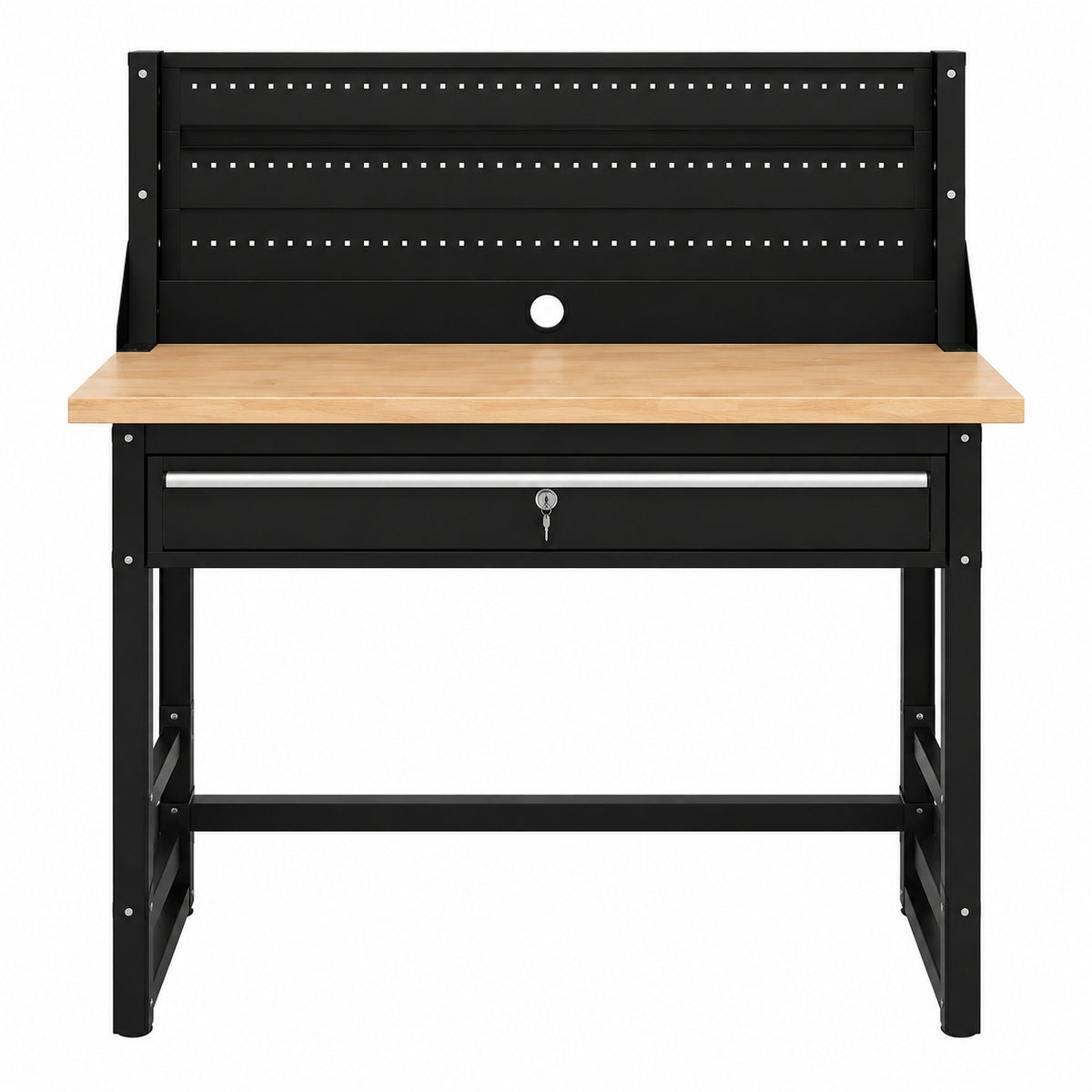 Husky Ready To Assemble 48 in W x 20 in D 1 Drawer Black Workbench with Pegboard and Solid Wood Top G4801S US