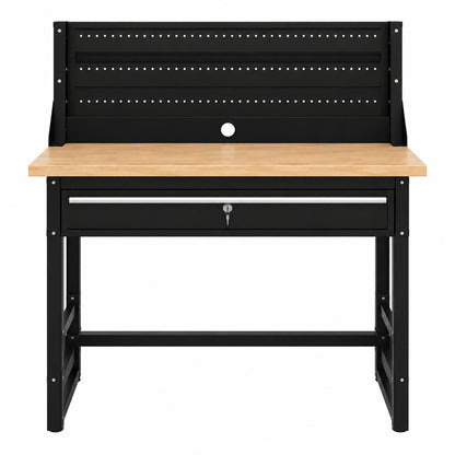 Husky Ready To Assemble 48 in W x 20 in D 1 Drawer Black Workbench with Pegboard and Solid Wood Top G4801S US