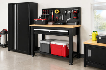 Husky Ready To Assemble 48 in W x 20 in D 1 Drawer Black Workbench with Pegboard and Solid Wood Top G4801S US