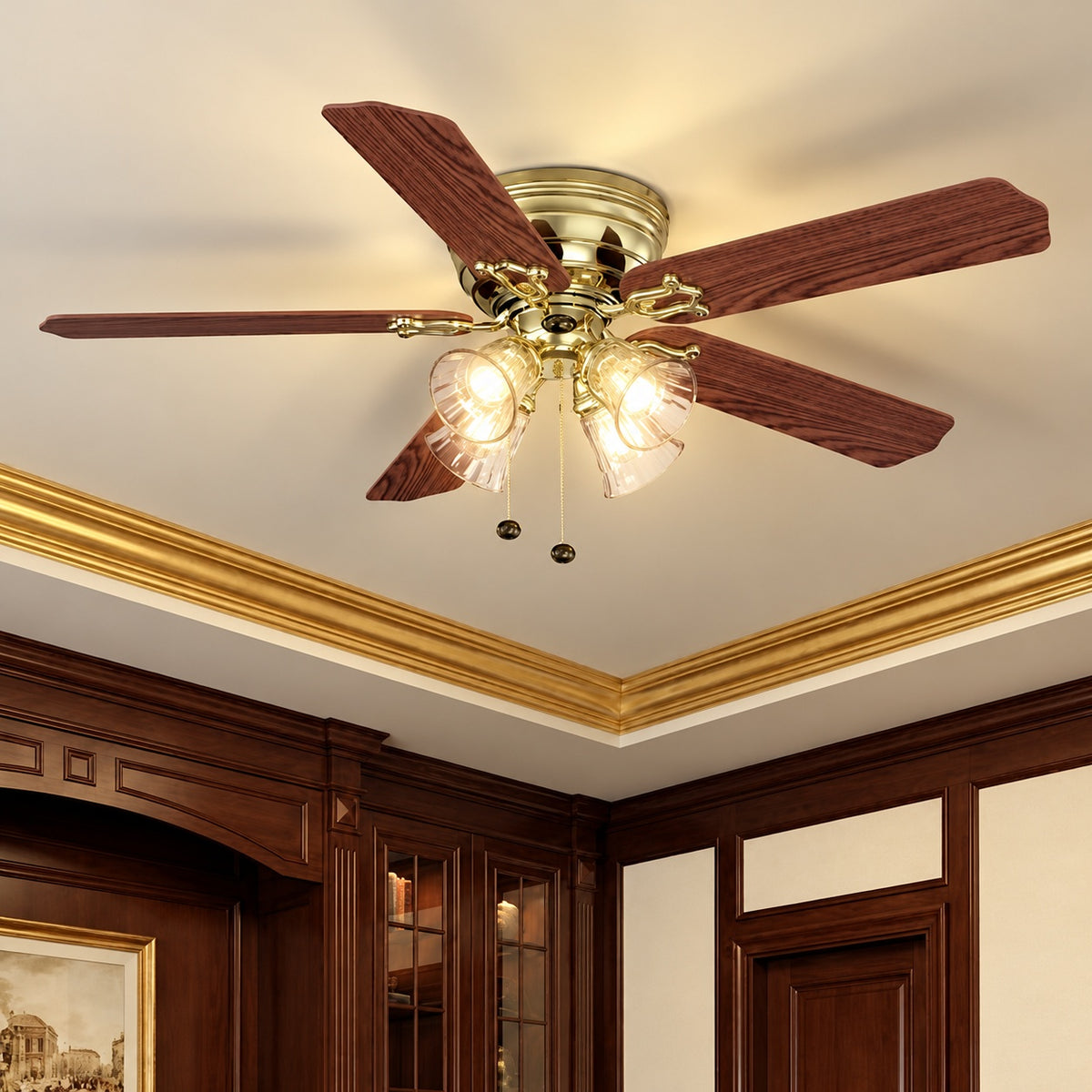 Hampton Bay Carriage House 52 in Indoor LED Polished Brass Ceiling Fan with Light Kit Reversible Motor and Reversible Blades 46008