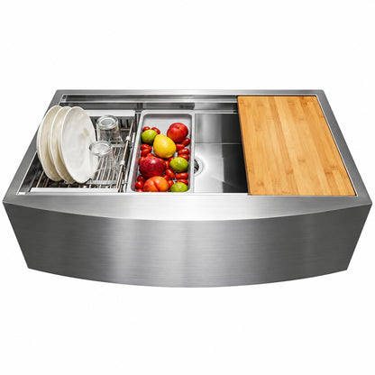 AKDY Handmade Farmhouse Apron Front 33 in x 22 in Single Bowl Stainless Steel Workstation Kitchen Sink with Accessories KS0388