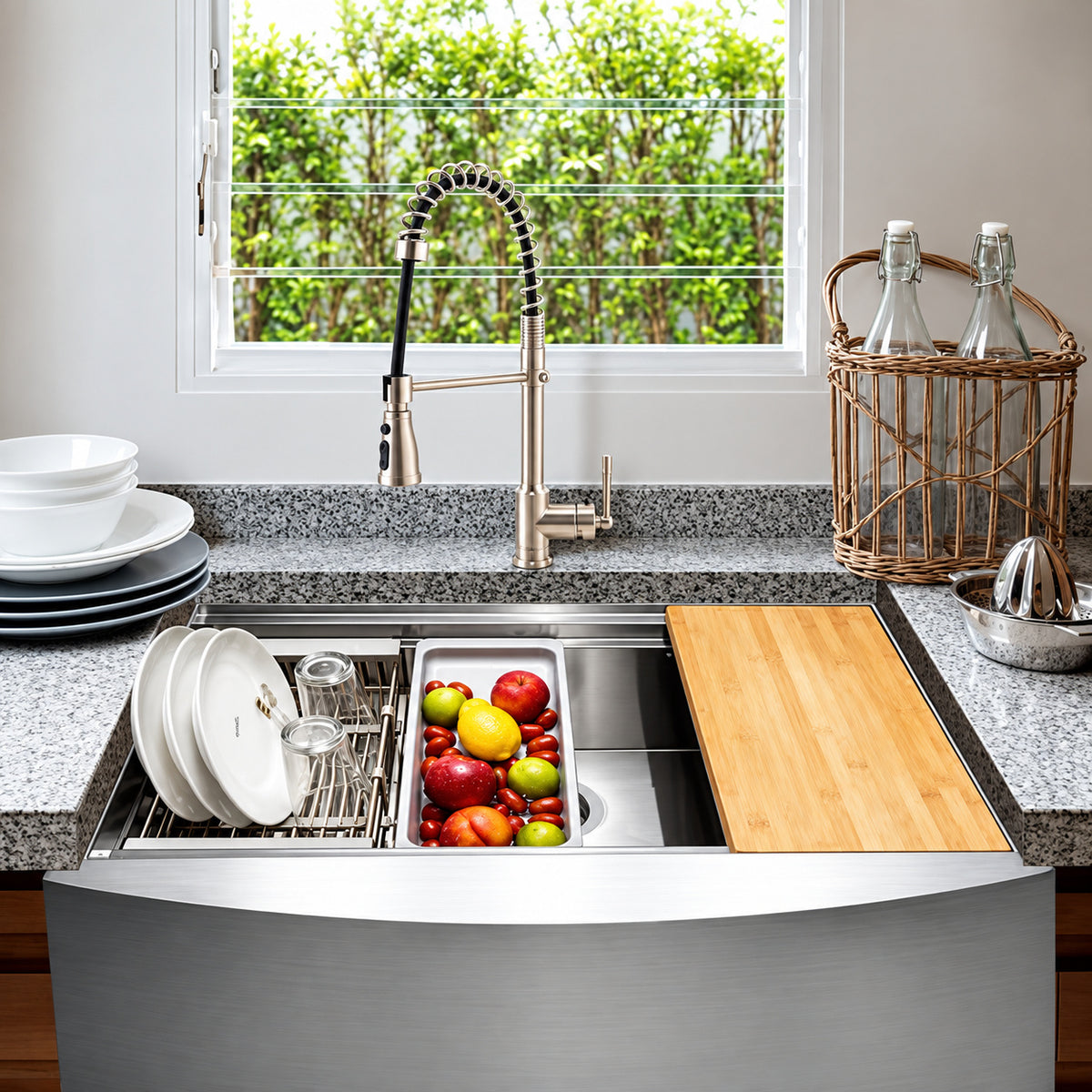 AKDY Handmade Farmhouse Apron Front 33 in x 22 in Single Bowl Stainless Steel Workstation Kitchen Sink with Accessories KS0388