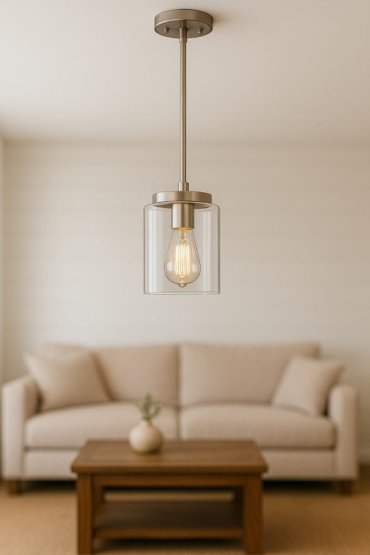 Home Decorators Collection Mullins 1 Light Brushed Nickel Mini Pendant with Clear Glass Shade 27228/303882962 718212272282 Home Decorators Collection