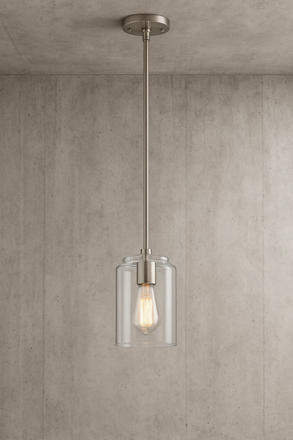 Home Decorators Collection Mullins 1 Light Brushed Nickel Mini Pendant with Clear Glass Shade 27228/303882962 718212272282 Home Decorators Collection