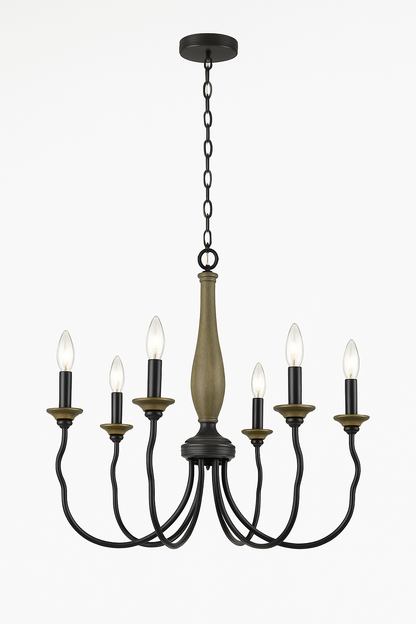 Generation Lighting Simira 6 Light Weathered Gray Classic Rustic Farmhouse Hanging Candlestick Chandelier with Distressed Oak Finish Accents 3115806 846/301913602 785652043635 Generation Lighting