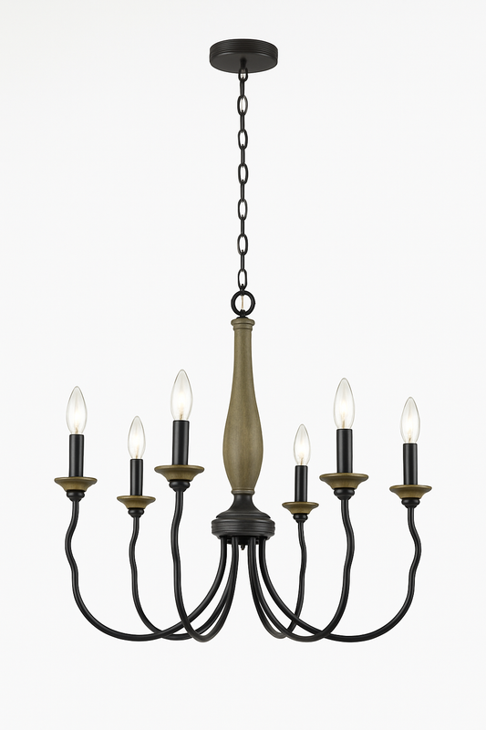 Generation Lighting Simira 6 Light Weathered Gray Classic Rustic Farmhouse Hanging Candlestick Chandelier with Distressed Oak Finish Accents 3115806 846/301913602 785652043635 Generation Lighting