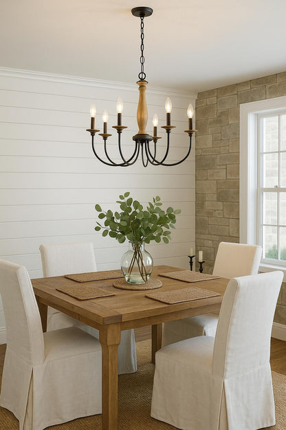 Generation Lighting Simira 6 Light Weathered Gray Classic Rustic Farmhouse Hanging Candlestick Chandelier with Distressed Oak Finish Accents 3115806 846/301913602 785652043635 Generation Lighting