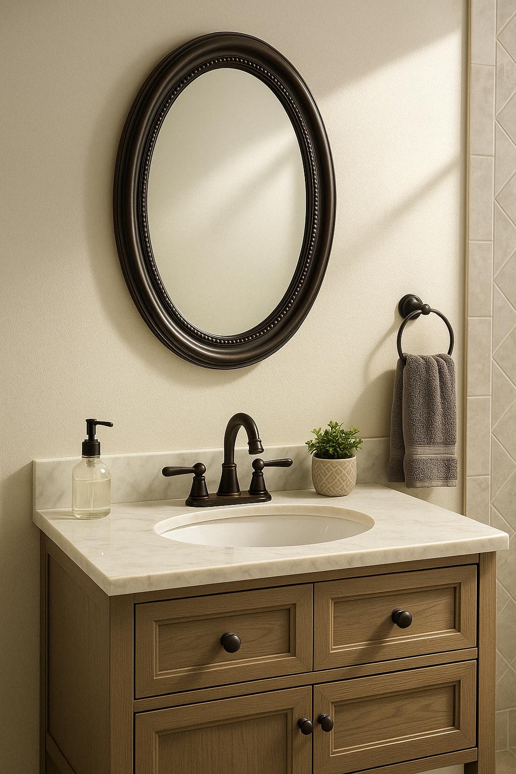 20 in W x 30 in H Recessed or Surface Mount Oval Bathroom Medicine Cabinet with Deco Framed Door in Oil Rubbed Bronze SP4603/202588416 6948958646038 Pegasus