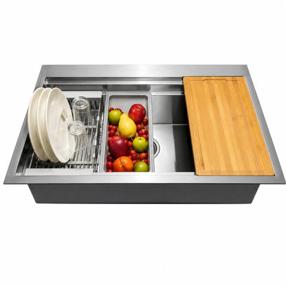 AKDY Handmade Drop In 33 in x 22 in Single Bowl Stainless Steel Workstation Kitchen Sink with Accessories