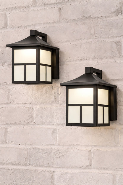Hampton Bay 8 in Black Integrated LED Hardwired Outdoor Wall Light Lantern Sconce Fixture with Frosted Textured Glass 2 Pack BAL 012