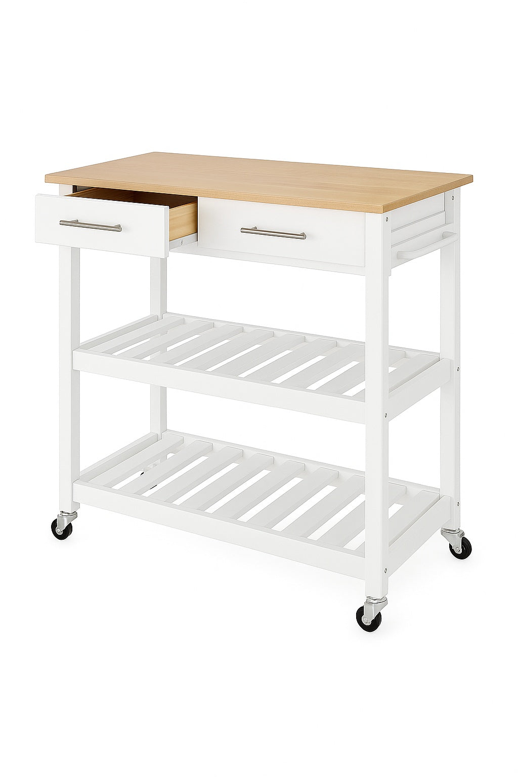 StyleWell Glenville Cream White Rolling Kitchen Cart with Butcher Block Top Double Drawer Storage and Open Shelves 36 W