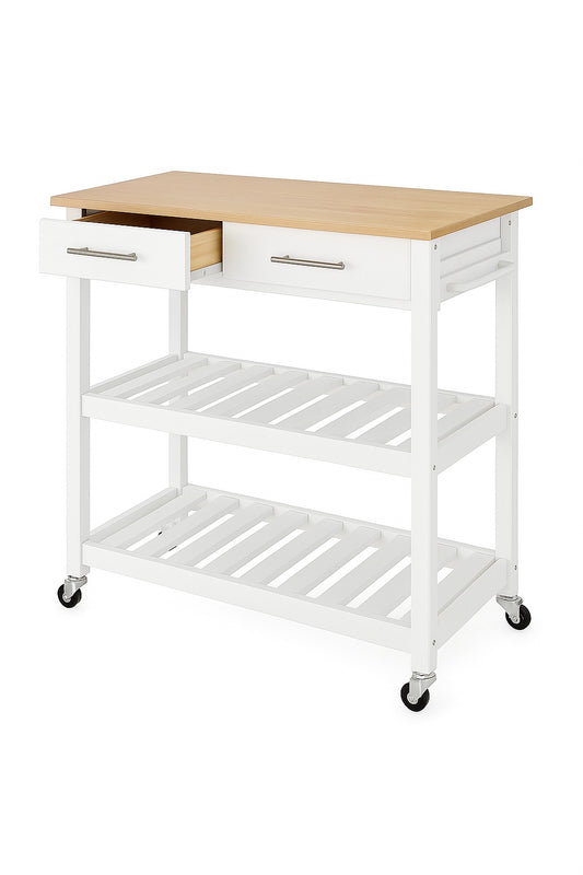 StyleWell Glenville Cream White Rolling Kitchen Cart with Butcher Block Top Double Drawer Storage and Open Shelves 36 W