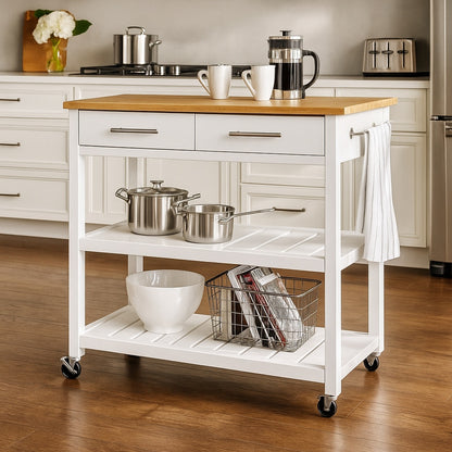 StyleWell Glenville Cream White Rolling Kitchen Cart with Butcher Block Top Double Drawer Storage and Open Shelves 36 W