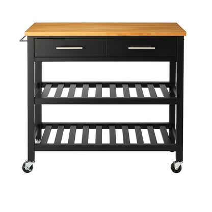 Glenville Black Rolling Kitchen Cart with Butcher Block Top, Double Drawer Storage, and Open Shelves (36" W) 6958765307770 StyleWell