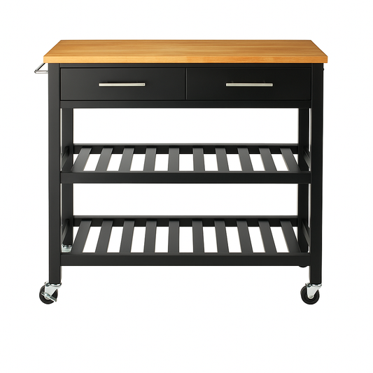 Glenville Black Rolling Kitchen Cart with Butcher Block Top, Double Drawer Storage, and Open Shelves (36" W) 6958765307770 StyleWell