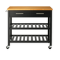 Glenville Black Rolling Kitchen Cart with Butcher Block Top, Double Drawer Storage, and Open Shelves (36" W) 6958765307770 StyleWell
