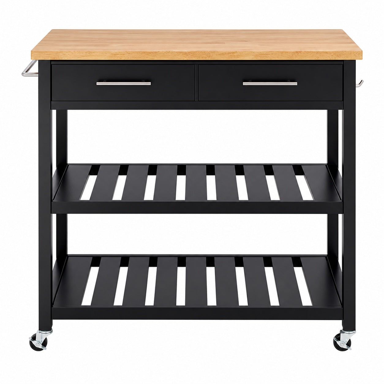 Stylewell Glenville Black Rolling Kitchen Cart with Butcher Block Top Double Drawer Storage and Open Shelves