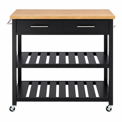Stylewell Glenville Black Rolling Kitchen Cart with Butcher Block Top Double Drawer Storage and Open Shelves