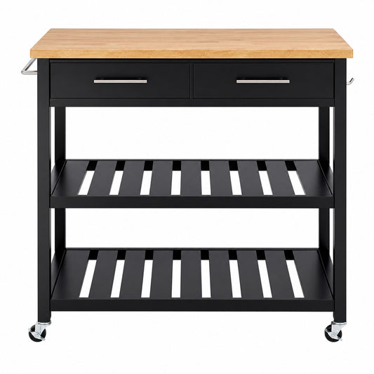 Stylewell Glenville Black Rolling Kitchen Cart with Butcher Block Top Double Drawer Storage and Open Shelves