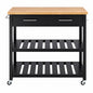 Stylewell Glenville Black Rolling Kitchen Cart with Butcher Block Top Double Drawer Storage and Open Shelves