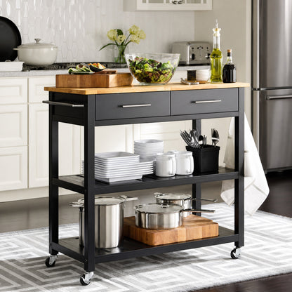 Stylewell Glenville Black Rolling Kitchen Cart with Butcher Block Top Double Drawer Storage and Open Shelves