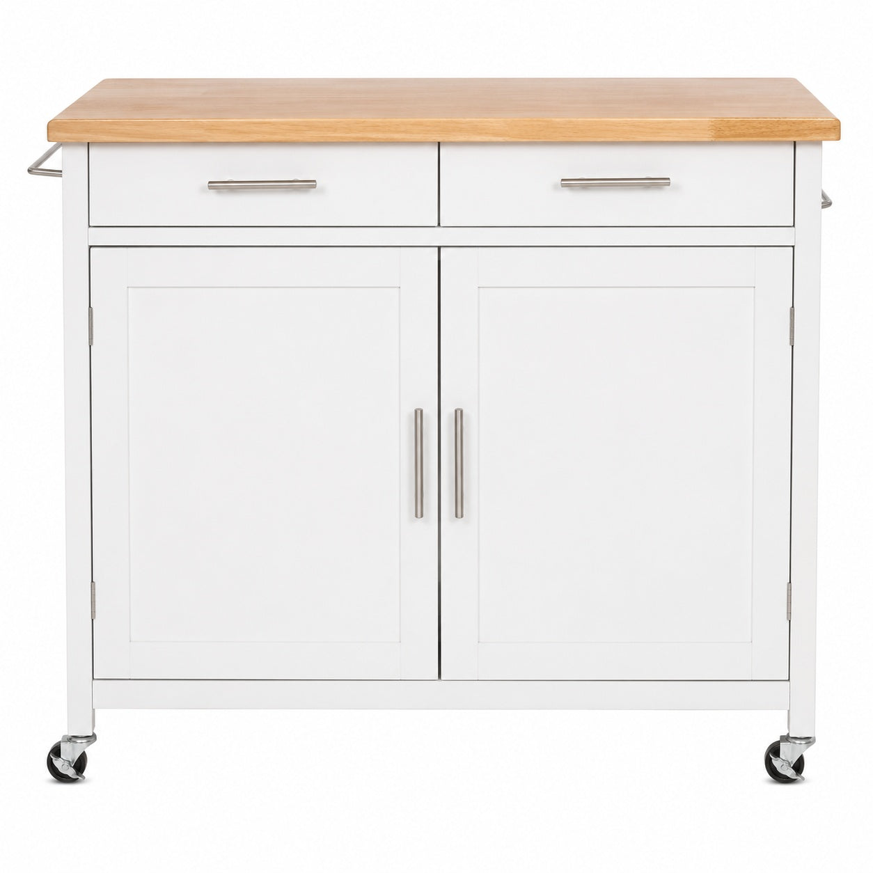 StyleWell Glenville Cream White Rolling Kitchen Cart with Butcher Block Top and Double Drawer Storage
