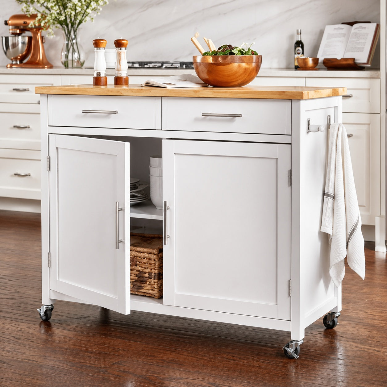 StyleWell Glenville Cream White Rolling Kitchen Cart with Butcher Block Top and Double Drawer Storage
