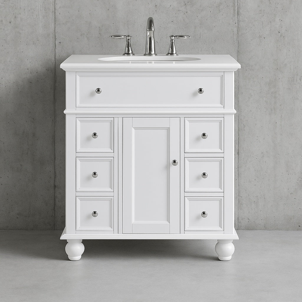 Hampton Harbor 28 in. W x 22 in. D x 35 in. H Single Sink Freestanding Bath Vanity in White with White Marble Top