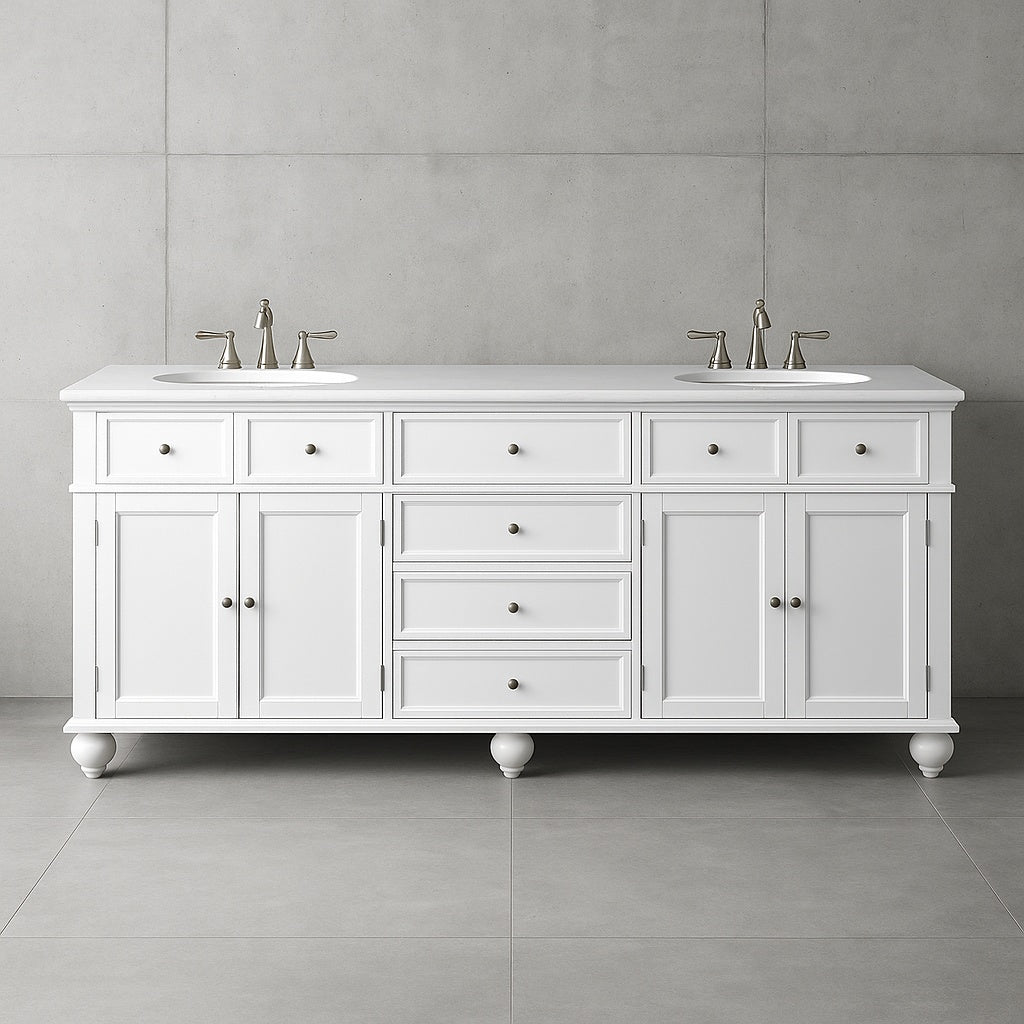 Home Decorators Collection Hampton Harbor 72 in W x 22 in D x 35 in H Double Sink Freestanding Bath Vanity in White with White Marble Top