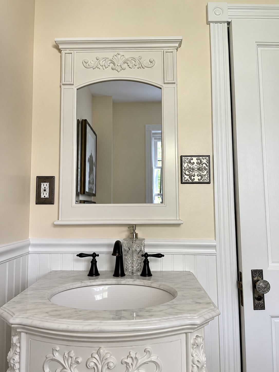 Home Decorators Collection Chelsea 26 in W x 35 in H Rectangular Wood Framed Wall Bathroom Vanity Mirror in Antique White