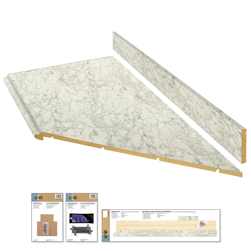 Hampton Bay 8 ft. Right Miter Laminate Countertop Kit Included in Calcutta Marble with Full Wrap Ogee Edge and Backsplash