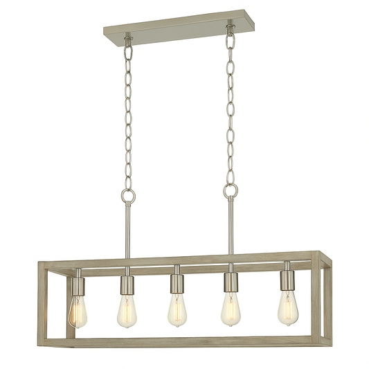 Hampton Bay Boswell Quarter 34 in 5 Light Brushed Nickel Farmhouse Linear Chandelier with Weathered Wood Accents 7965HBBNDI/314967700 785247248261 Hampton Bay