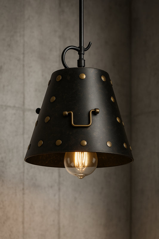 LNC 1 Light Melted Rivet Punk Style Black Farmhouse Pendant Light with Drum Metal Shade A03266/304586818