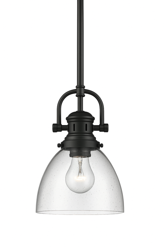 Golden Lighting Hines 1 Light Black Mini Pendant Light with Seeded Glass Shade 3118 M1L BLK SD/304603673 844375045705 Golden Lighting