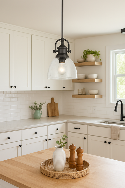 Golden Lighting Hines 1 Light Black Mini Pendant Light with Seeded Glass Shade 3118 M1L BLK SD/304603673 844375045705 Golden Lighting