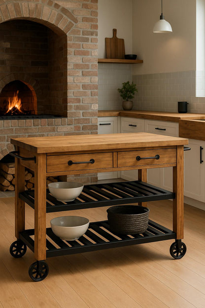 Roots Rack Industrial Natural Kitchen Cart with Towel Rack 710244200943 CROSLEY FURNITURE
