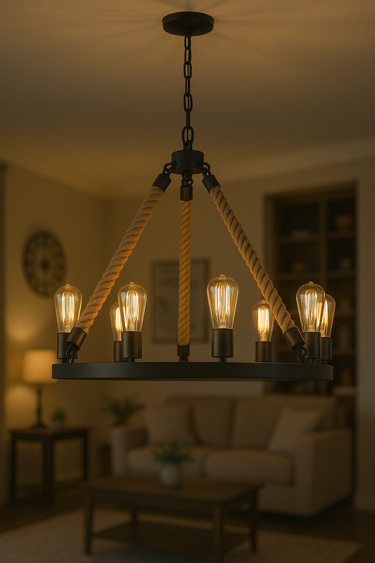 LNC Farmhouse Chandelier Dark Bronze 8 Light Wagon Wheel 28 in W Round Rope Light Fixture for Living Room Dining Room A02994/304873870 811159030622 LNC