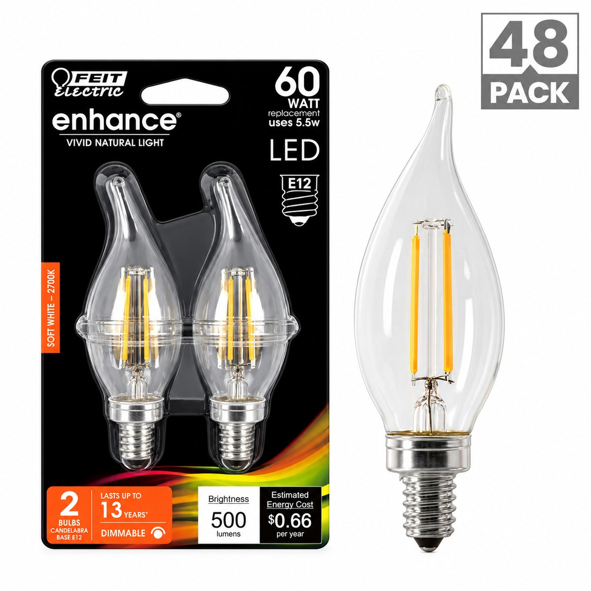Feit Electric 60 Watt Equivalent BA10 E12 Candelabra Dimmable Filament CEC Clear Glass Chandelier LED Light Bulb Soft White 48 Pack