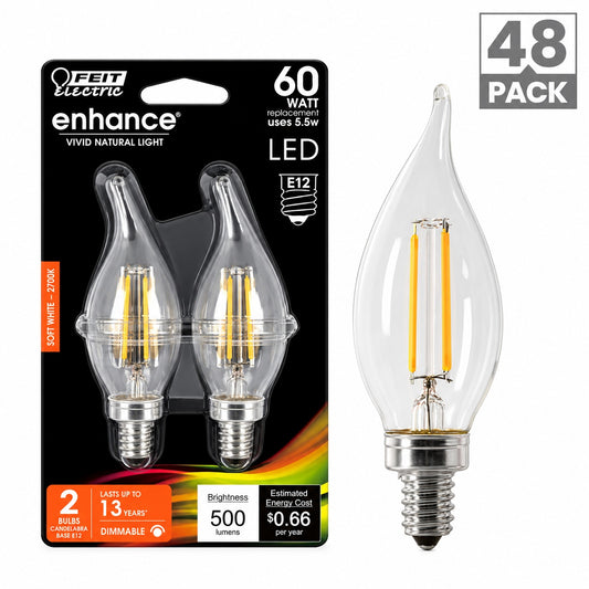 Feit Electric 60 Watt Equivalent BA10 E12 Candelabra Dimmable Filament CEC Clear Glass Chandelier LED Light Bulb Soft White 48 Pack