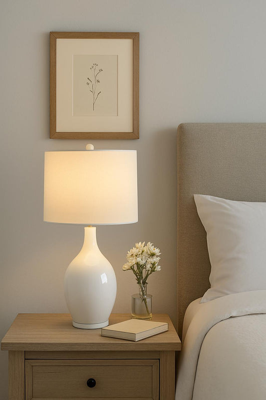 Decor Therapy Anabelle Ceramic 27 in. White Table Lamp with Linen Shade