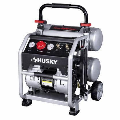 Husky 4 5 Gal 175 PSI Portable Electric Oil Free Quiet Twin Stack Jobsite Air Compressor w Rubber Wheels and 2 Quick Couplers