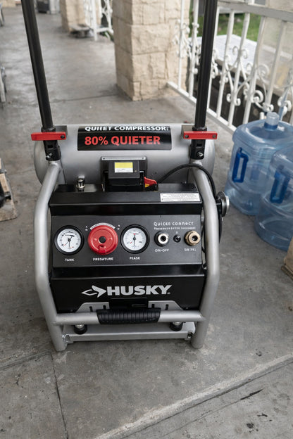 Husky 4 5 Gal 175 PSI Portable Electric Oil Free Quiet Twin Stack Jobsite Air Compressor w Rubber Wheels and 2 Quick Couplers