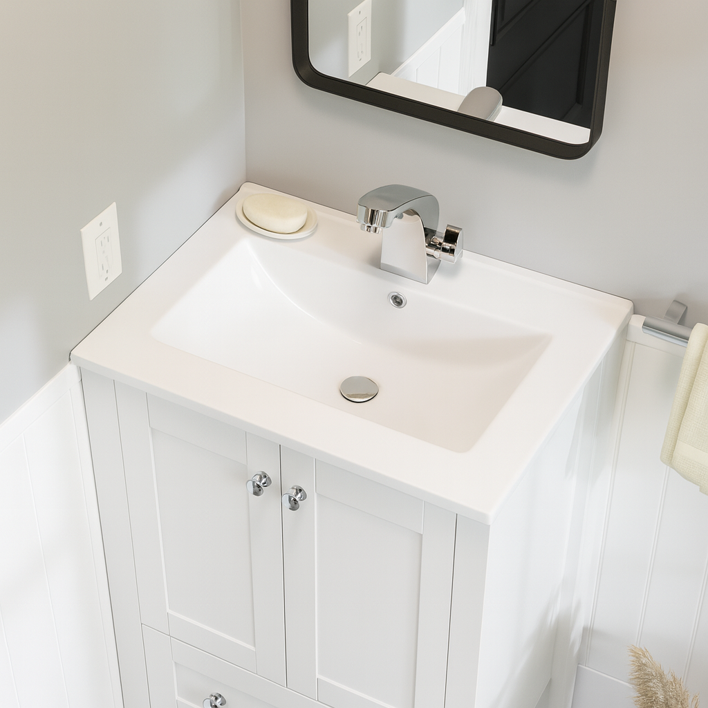 Swiss Madison 24 In Ceramic Single Faucet Hole Vanity Top In White With White Basin