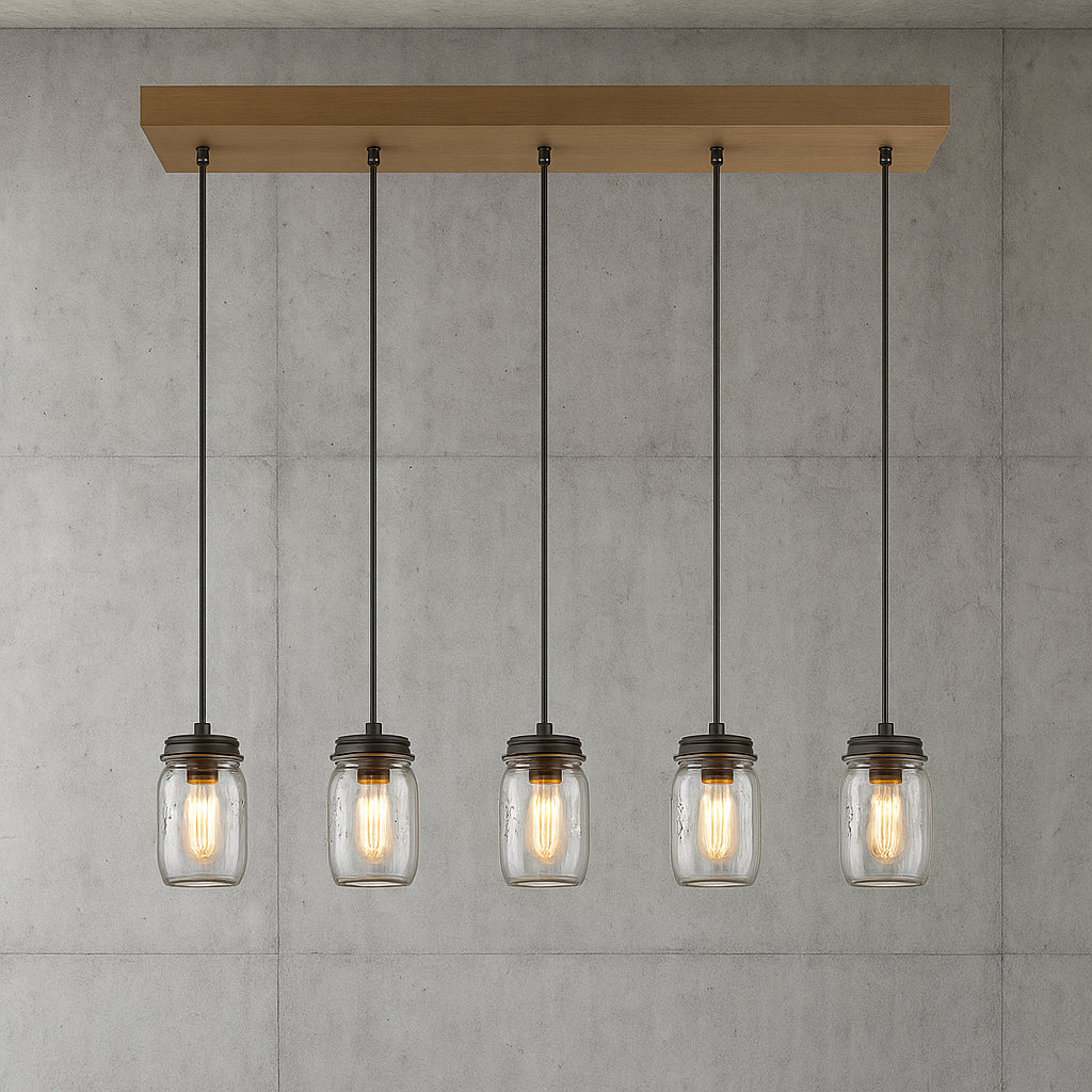 LNC Modern Farmhouse Wood DIY Island Chandelier 5 Light Industrial Dark Brown Linear Pendant Light with Mason Jar Shade A02983/305500309 811159030851 LNC
