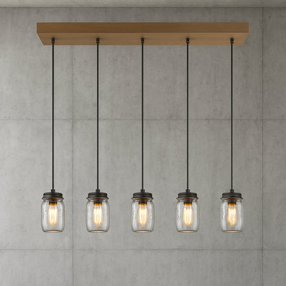 LNC Modern Farmhouse Wood DIY Island Chandelier 5 Light Industrial Dark Brown Linear Pendant Light with Mason Jar Shade A02983/305500309 811159030851 LNC