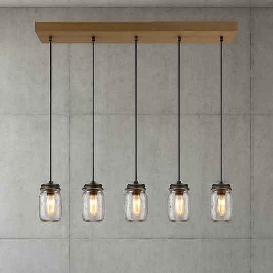 LNC Modern Farmhouse Wood DIY Island Chandelier 5 Light Industrial Dark Brown Linear Pendant Light with Mason Jar Shade A02983/305500309 811159030851 LNC