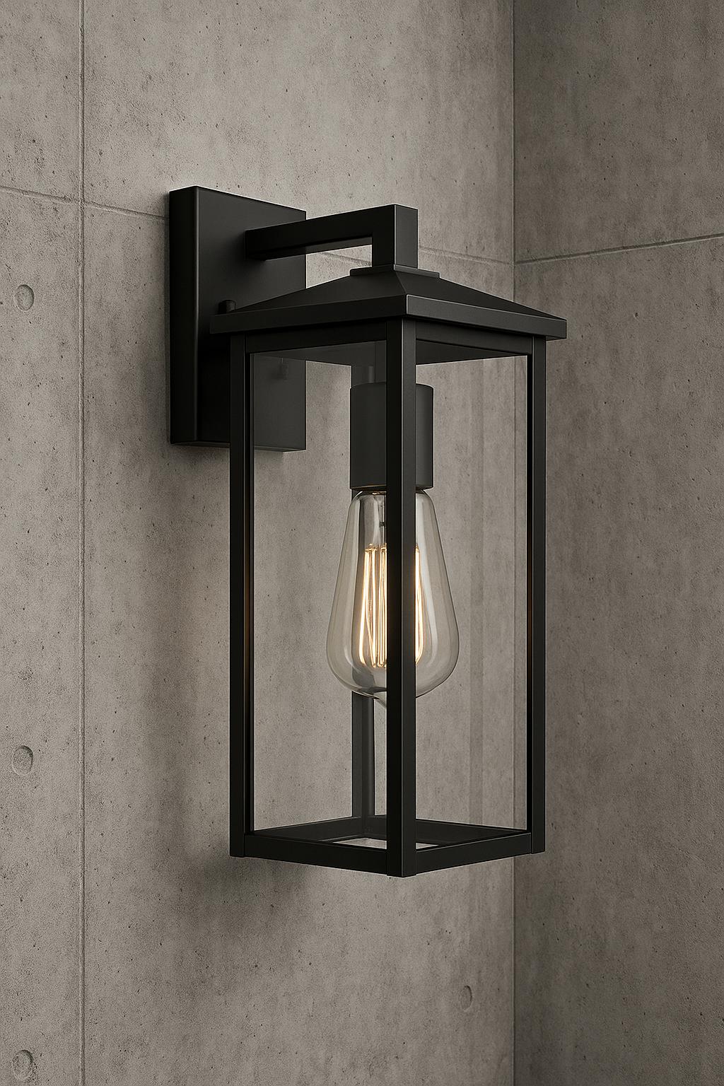 Hampton Bay Hurley 16 in. 1-Light Modern Black Hardwired Outdoor Wall Light Lantern Sconce with Clear Glass Shade