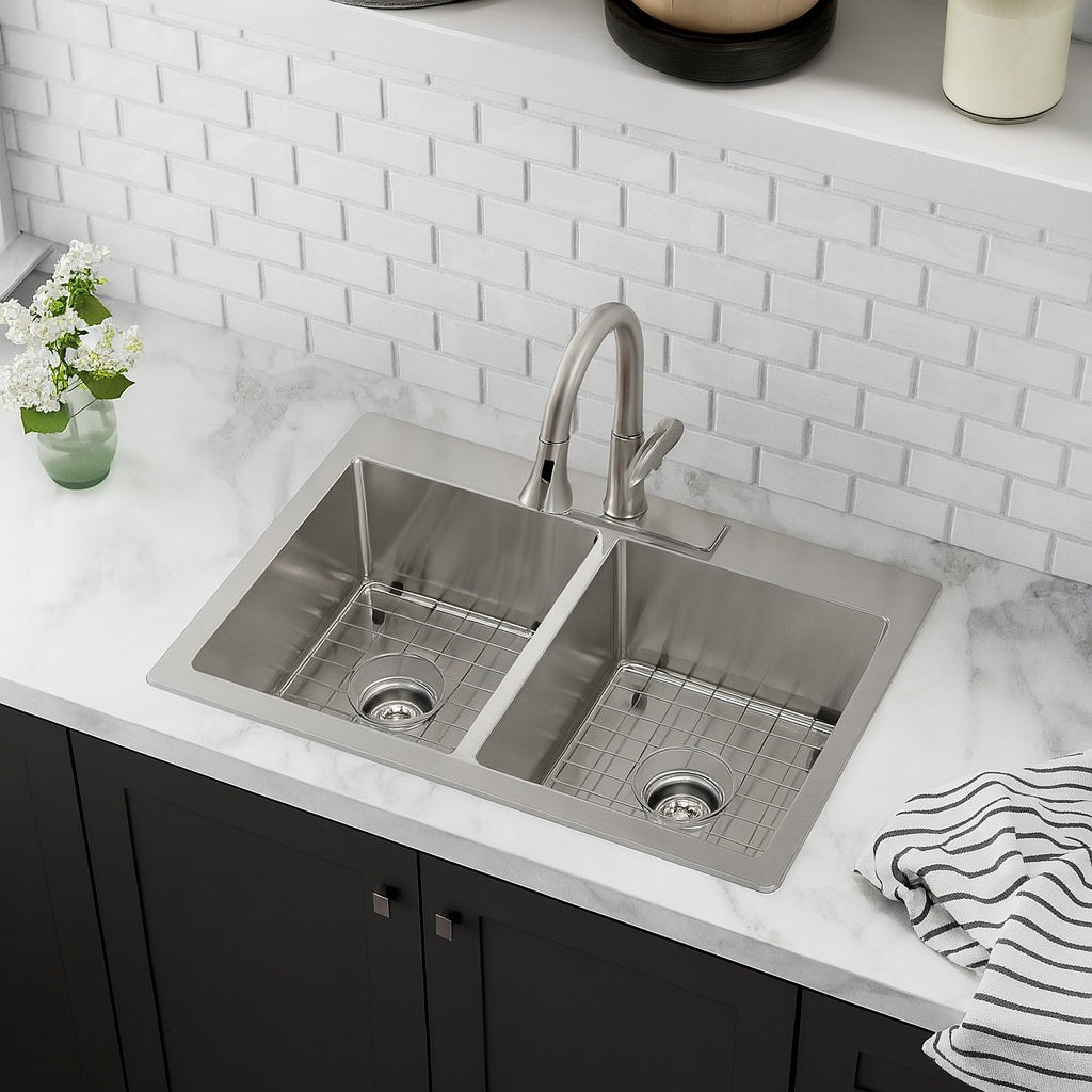 Elkay Avenue 33 in Drop In Undermount Double Bowl 18 Gauge Stainless Steel Kitchen Sink w Accessories
