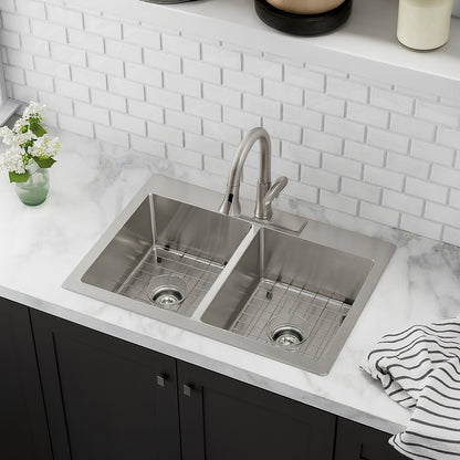 Elkay Avenue 33 In Drop In Undermount Double Bowl 18 Gauge Stainless Steel Kitchen Sink W Accessories